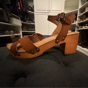 Mia brown wooden wedge heels
